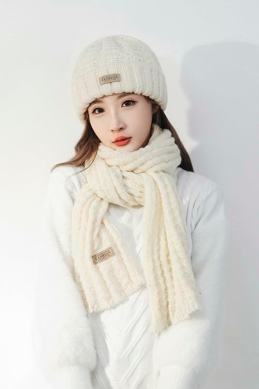 Wander Agio Womens Winter Warm Wool Knit Beanie & Scarf Set White Beige