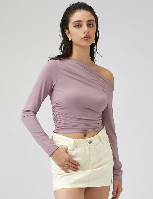 LOMON Women's Off Shoulder Slim Fit Long Sleeve Sweater Grey Size L