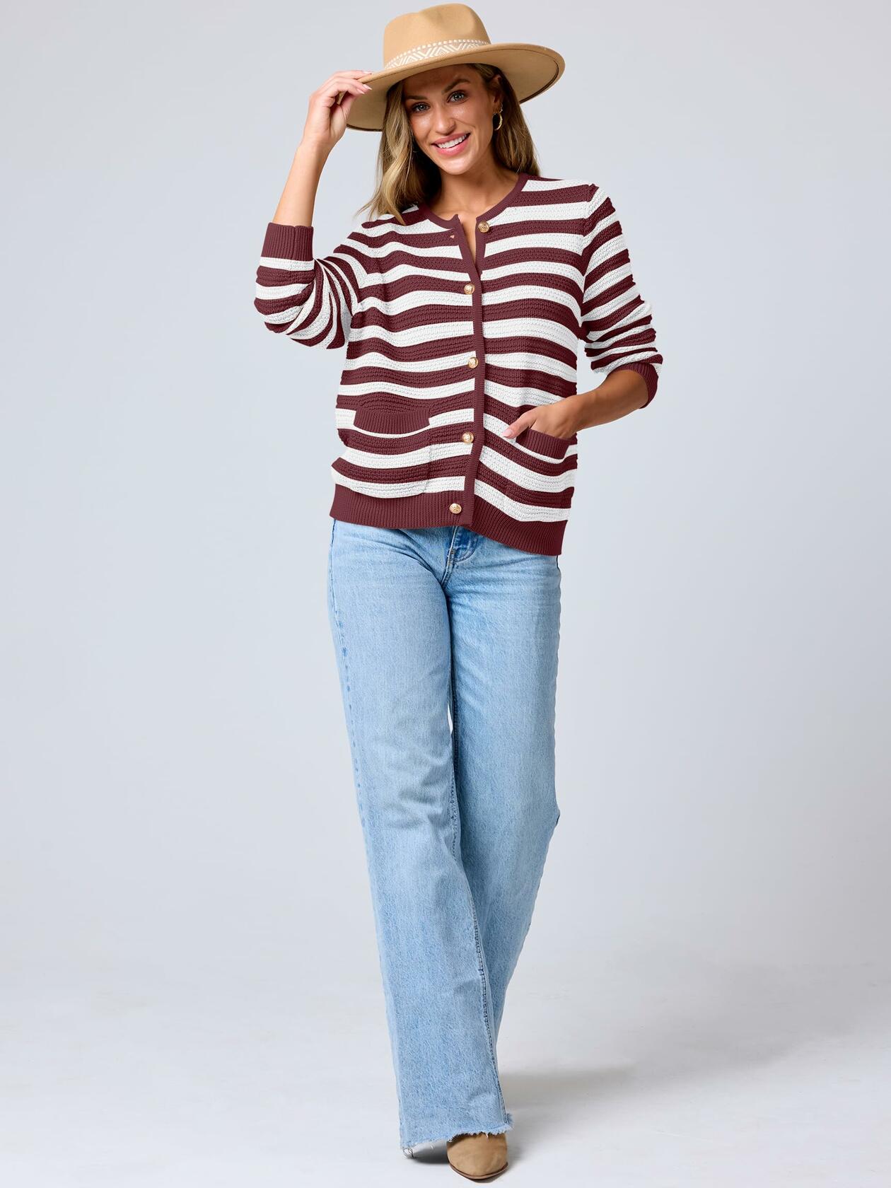 ANRABESS Women's Tweed Knit Cardigan White Red Stripe Size Small