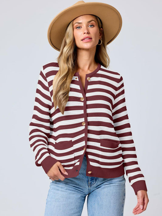 ANRABESS Women's Tweed Knit Cardigan White Red Stripe Size Small