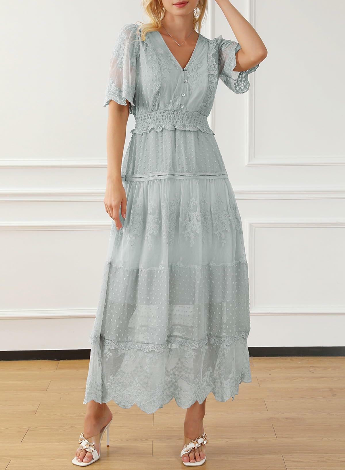 Happy Sailed Womens Gray Floral Lace Maxi Dress V Neck Button Down Size M