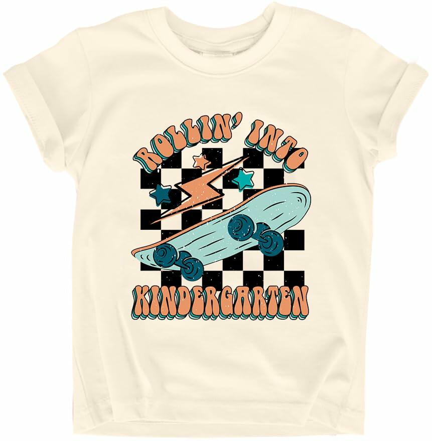 FAYALEQ Rollin Into Kindergarten Skateboard Shirt Beige Kids - Size 3-4T