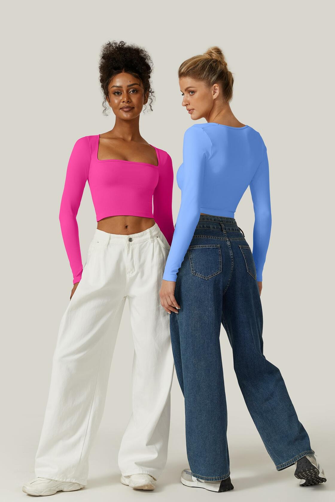 Meyeeka Women's Azalea Long Sleeve Cropped Seamless Scoop Neck Top Size M