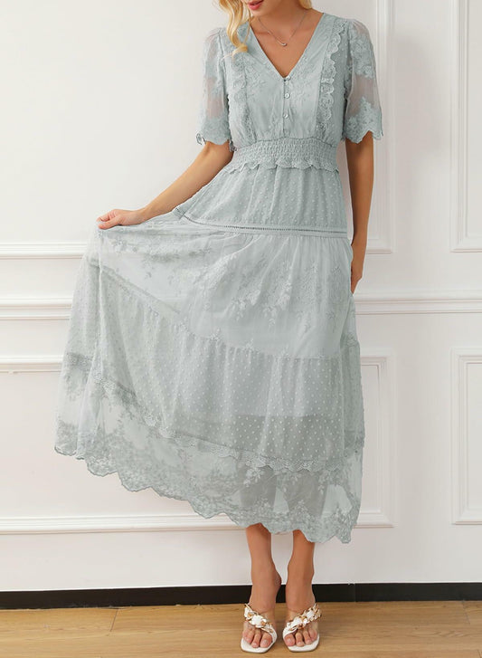 Happy Sailed Womens Gray Floral Lace Maxi Dress V Neck Button Down Size M