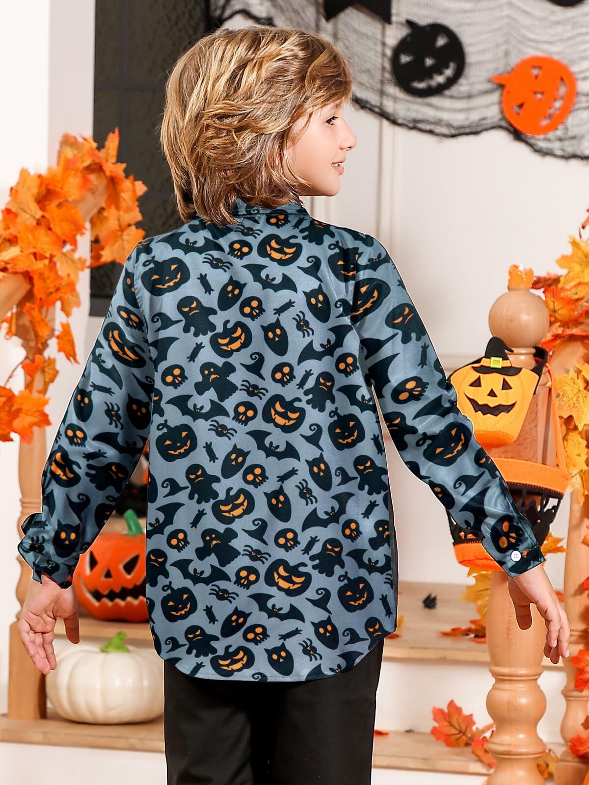 Boys Halloween Ghost Pumpkin Long Sleeve Button-Up Shirt Size 7-8