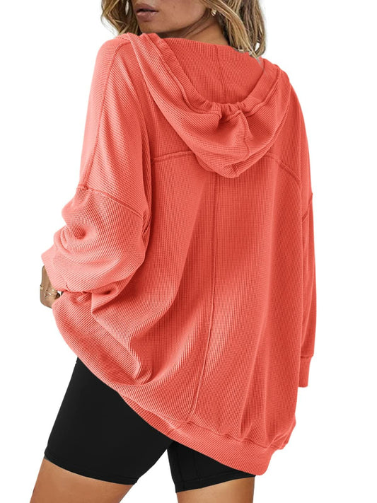 SENSERISE Womens Oversized Melon Red V Neck Hoodie Sweatshirt Size S