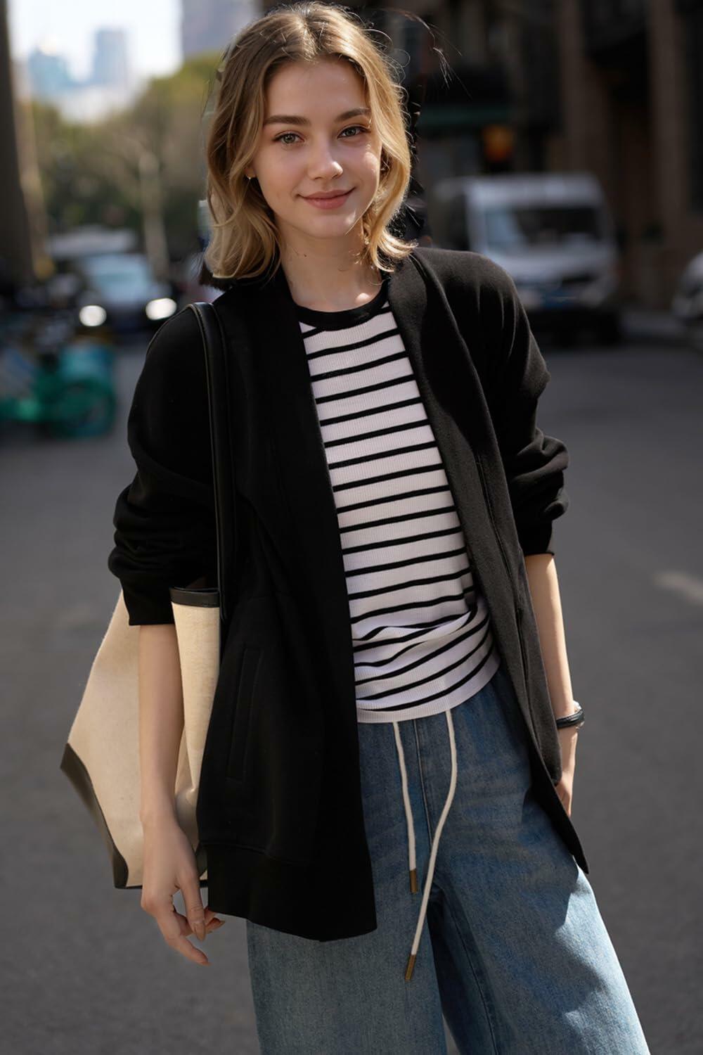 LICOBOD Women's Lightweight Cotton Open Front Hoodie Coat Black, Size L