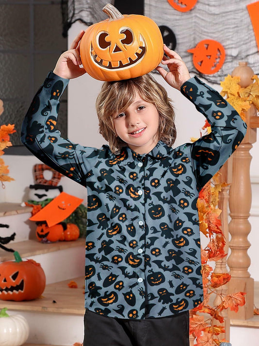 Boys Halloween Ghost Pumpkin Long Sleeve Button-Up Shirt Size 7-8