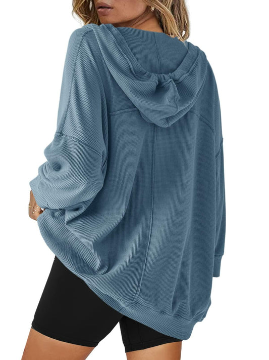 SENSERISE Womens Oversized V Neck Waffle Knit Hoodie Dusty Blue Size S
