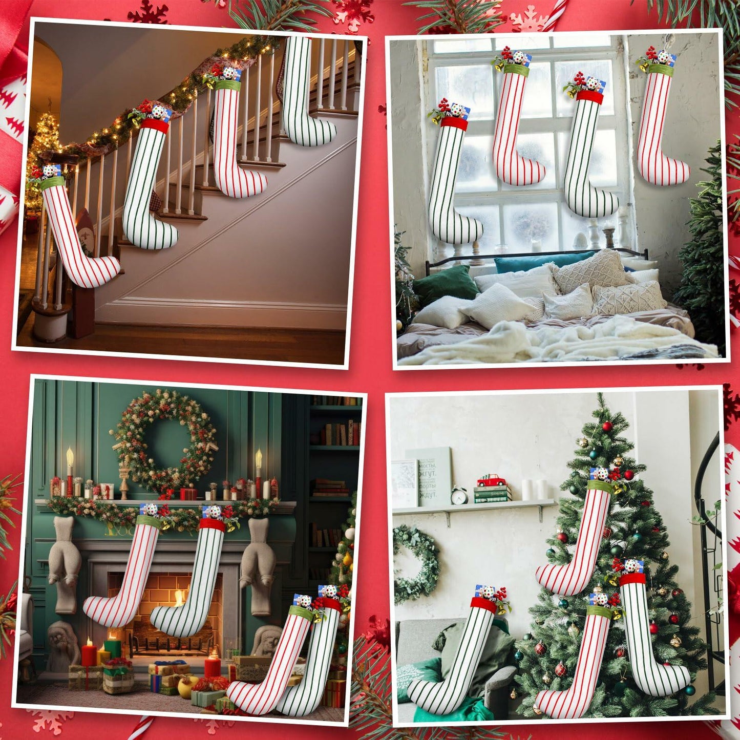 Gejoy 4 Pcs Jumbo Christmas Stockings 31.5" Red Green Striped Xmas Decor
