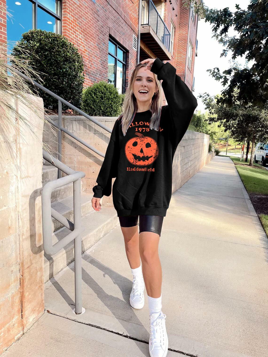 KIMSOONG Womens Oversized Halloween Pumpkin Sweatshirt Apricot Size XL
