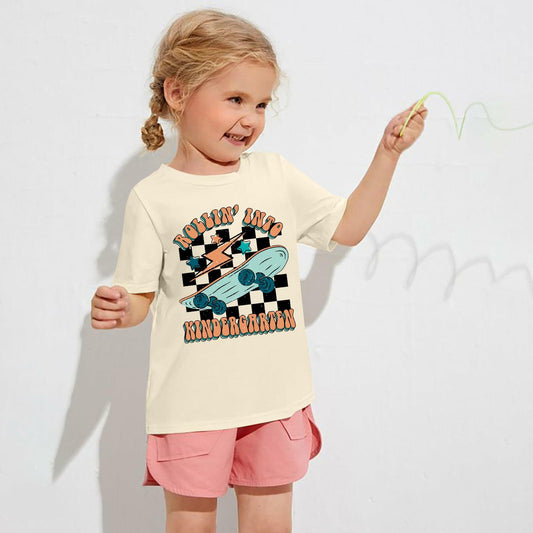 FAYALEQ Rollin Into Kindergarten Shirt Beige Kids Tee - Size 5-6