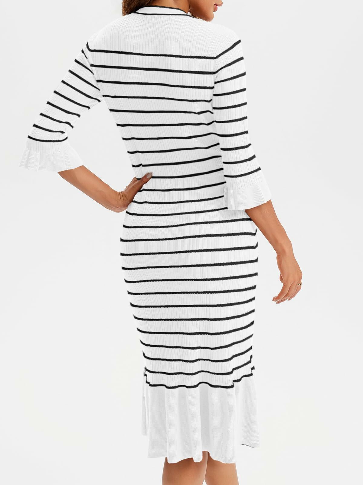 Wenrine Womens White Striped Sweater Dress V Neck Midi Knit Size M