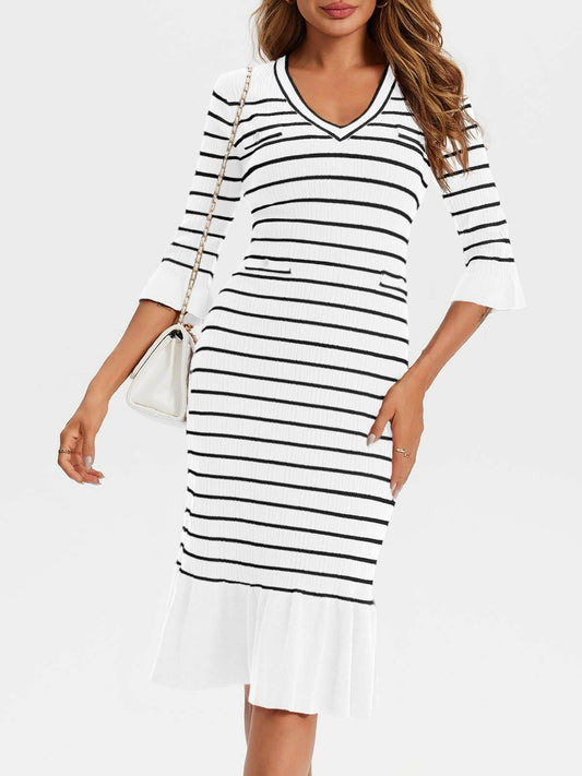 Wenrine Womens White Striped Sweater Dress V Neck Midi Knit Size M