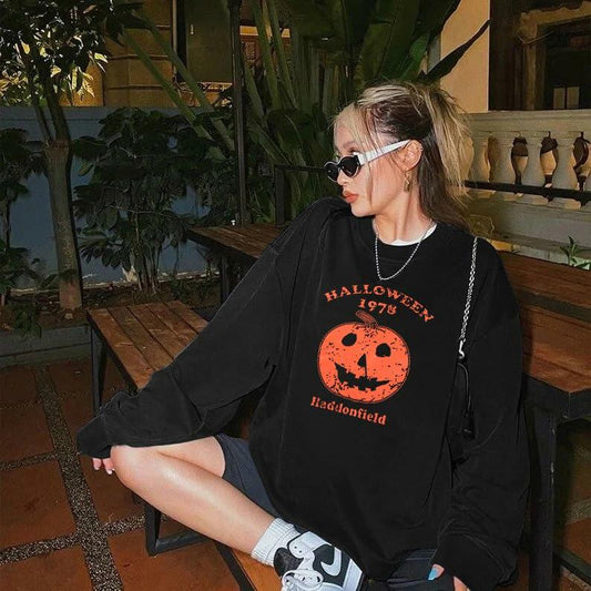 KIMSOONG Womens Oversized Halloween Pumpkin Sweatshirt Apricot Size XL