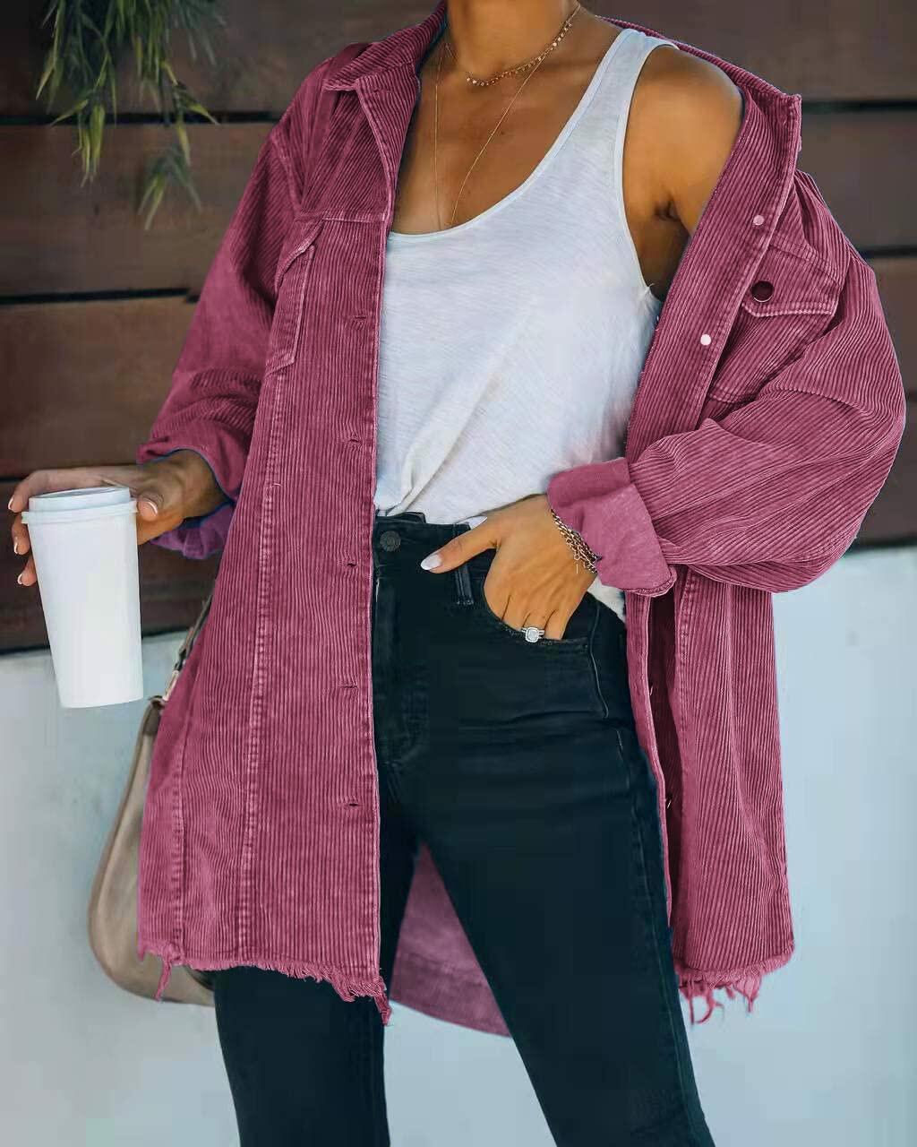 Hixiaohe Women's Corduroy Oversized Shirt Jacket Coat Light Wine Size S