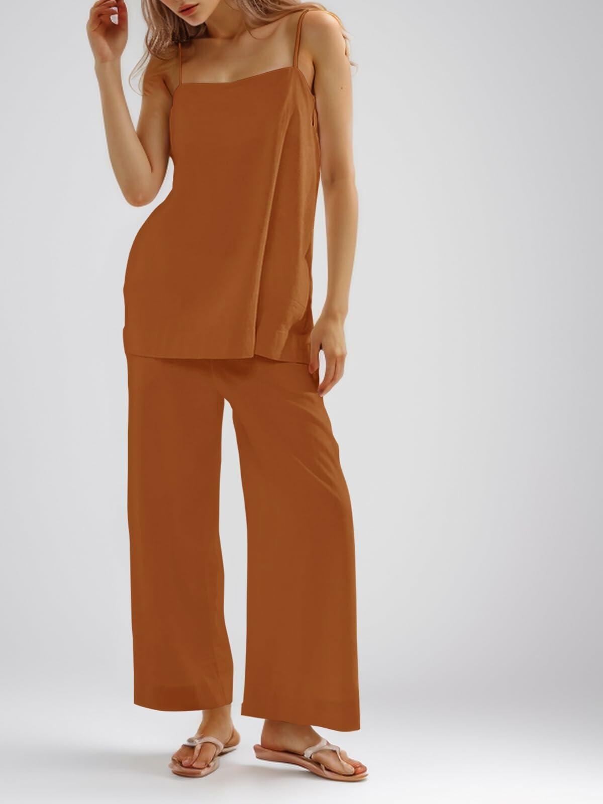 Imily Bela Womens Linen 2PC Camisole & Wide Leg Pants Brick Red Size XXL