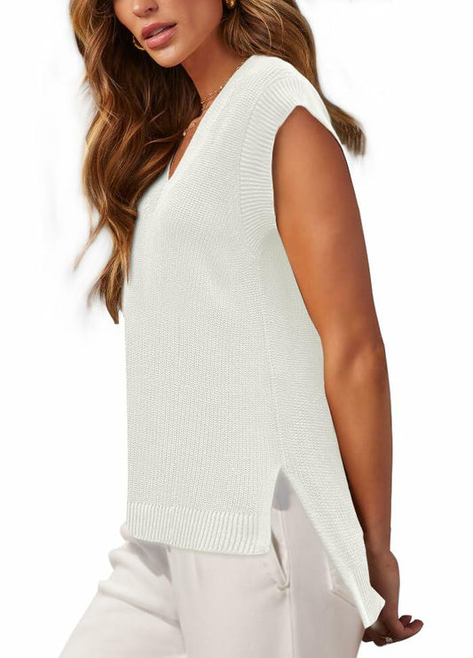 Lueluoye White V Neck Sleeveless Sweater Vest Women Casual Size S