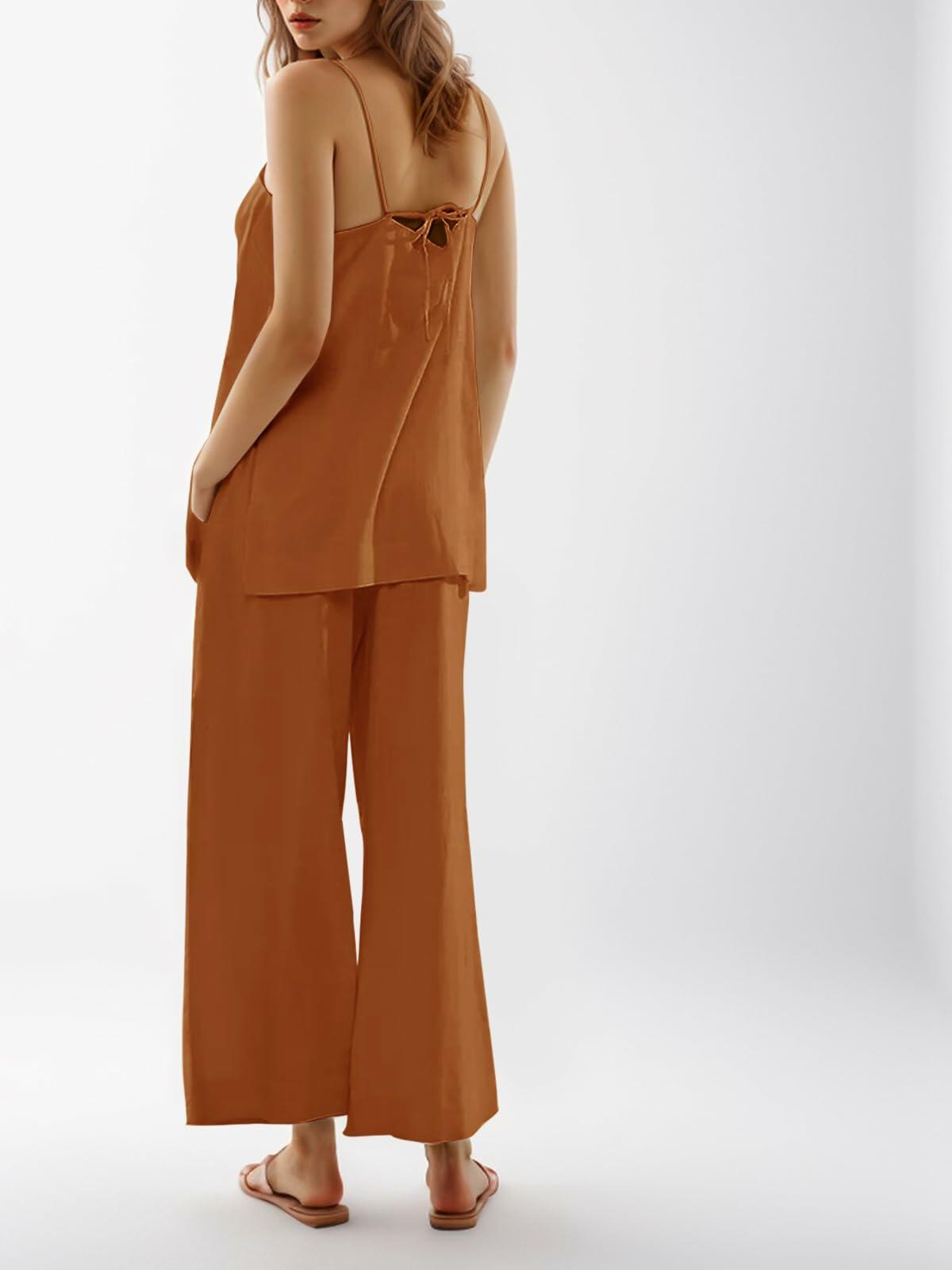 Imily Bela Womens Linen 2PC Camisole & Wide Leg Pants Brick Red Size XXL