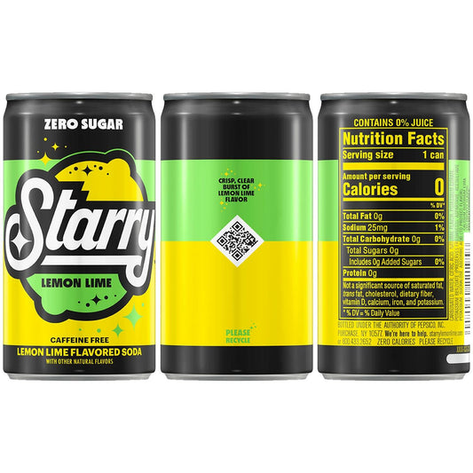 BestBy02/25 Starry Zero Sugar Lemon Lime Soda Caffeine Free Mini Cans 7.5oz 10pk