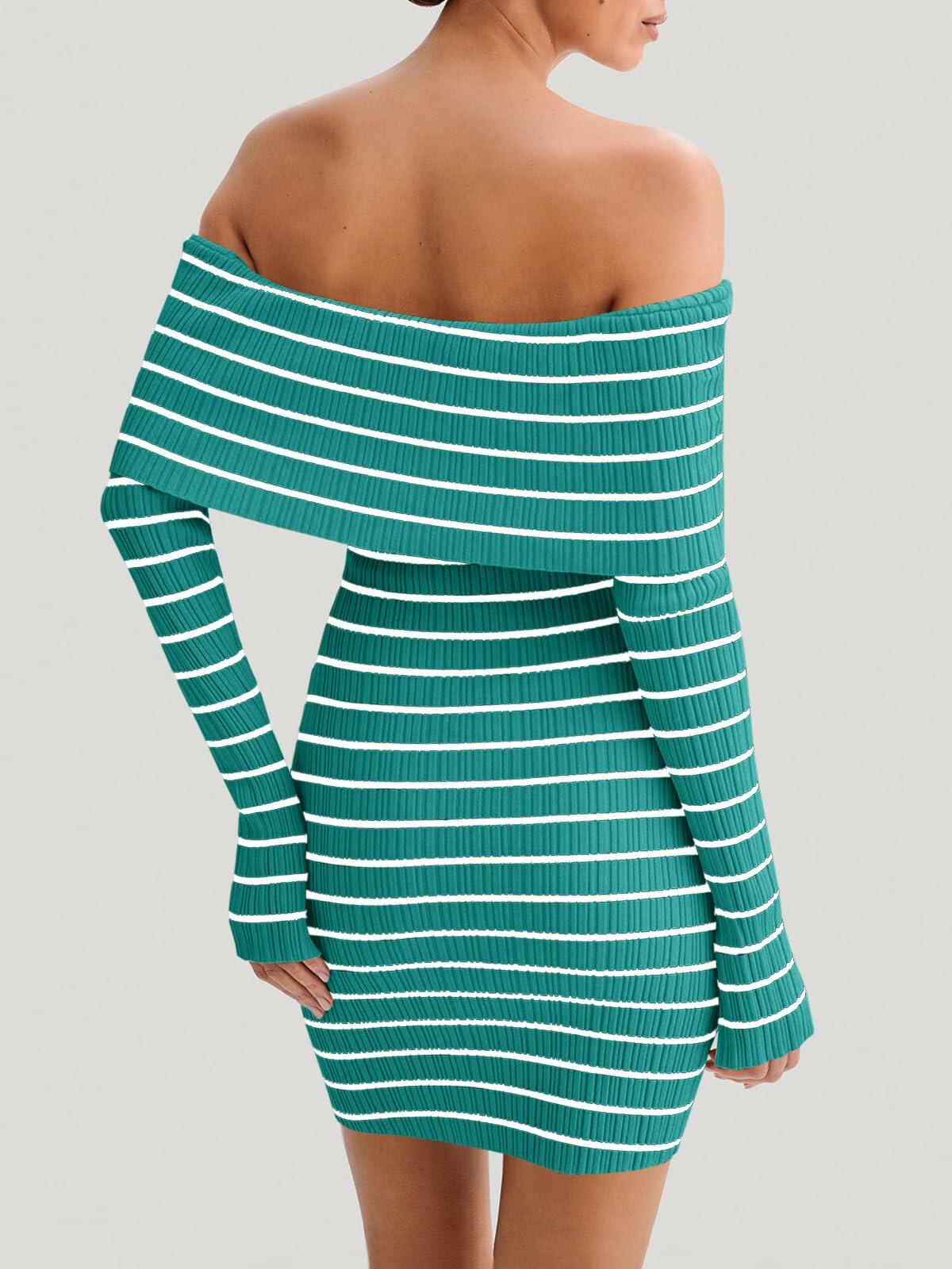 Wenrine Womens Off Shoulder Knit Mini Dress Blue Long Sleeve Size M