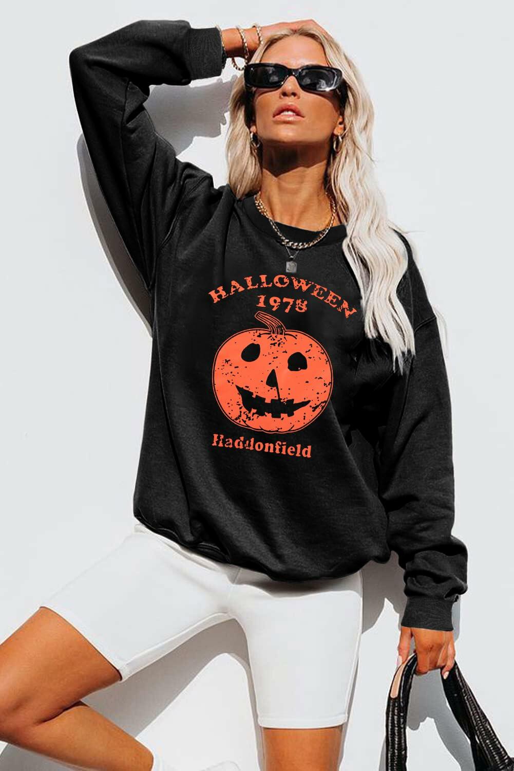 KIMSOONG Womens Oversized Halloween Pumpkin Sweatshirt Apricot Size XL