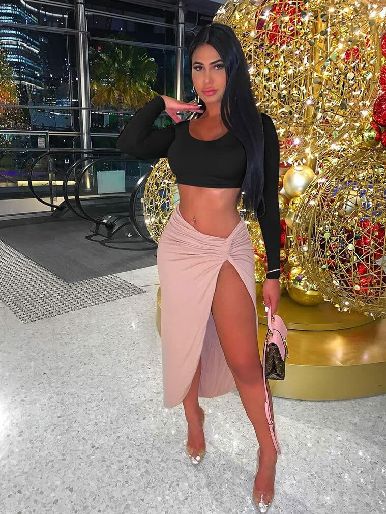 XXTAXN Women's Sexy Bodycon V Neck Long Sleeve Crop Top Black Size S