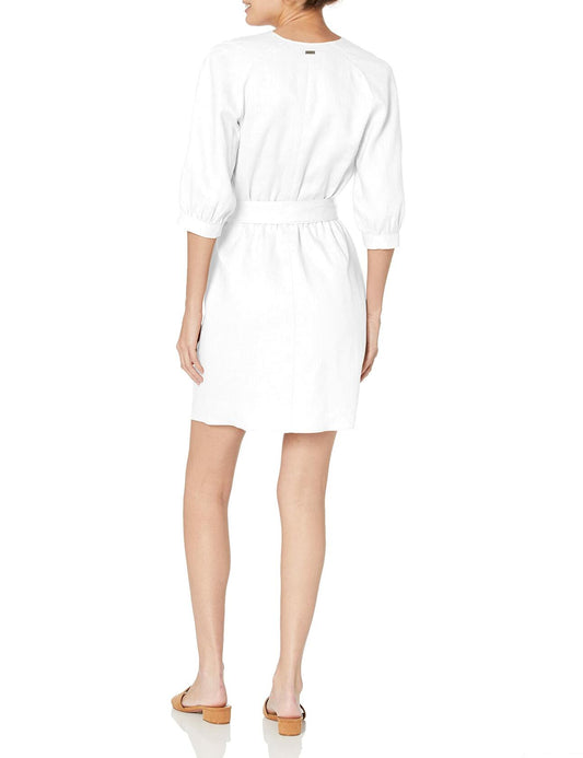 Armani Exchange Women's 3/4 Sleeve Linen Wrap Mini Dress Optic White Size 2