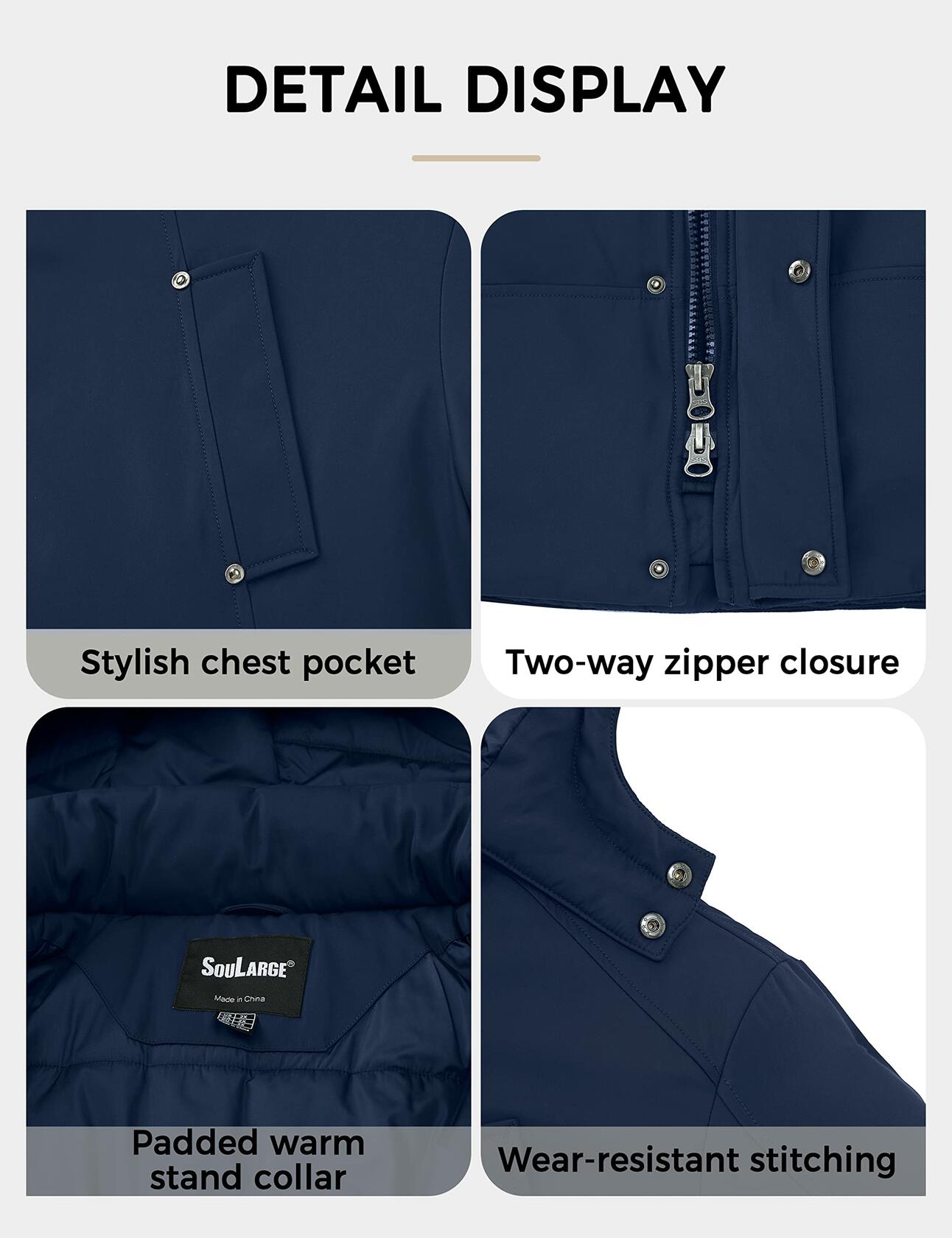 Soularge Men's Big & Tall Sherpa Lined Winter Jacket Navy Size 3X
