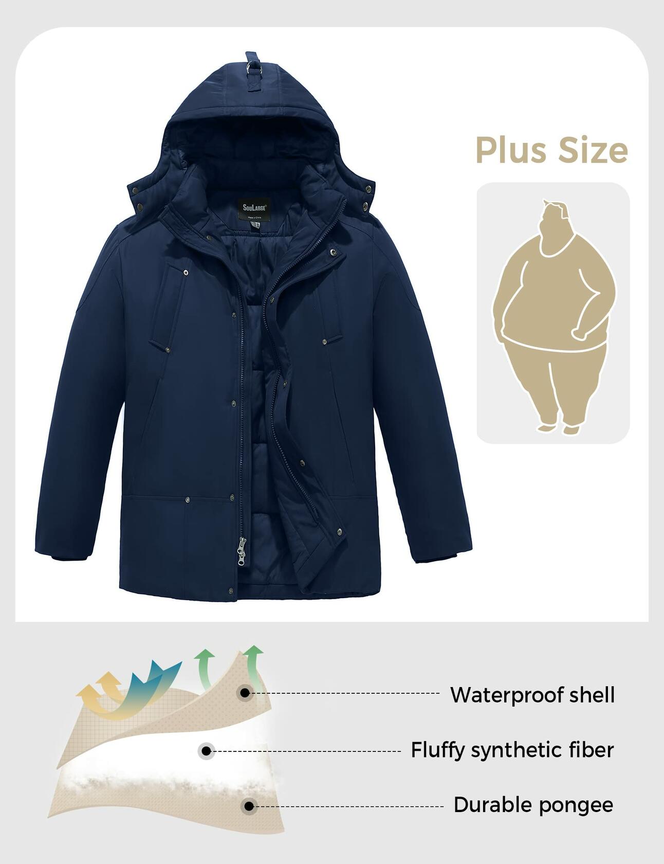 Soularge Men's Big & Tall Sherpa Lined Winter Jacket Navy Size 3X