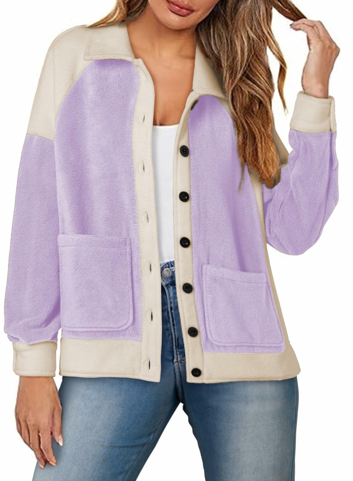 SHEWIN Women's Winter Sherpa Fleece Button Down Shacket Coat Orchid Petal Size S