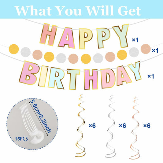 Pastel Happy Birthday Banner Macaron Garland 18pcs Rainbow Colors Decor