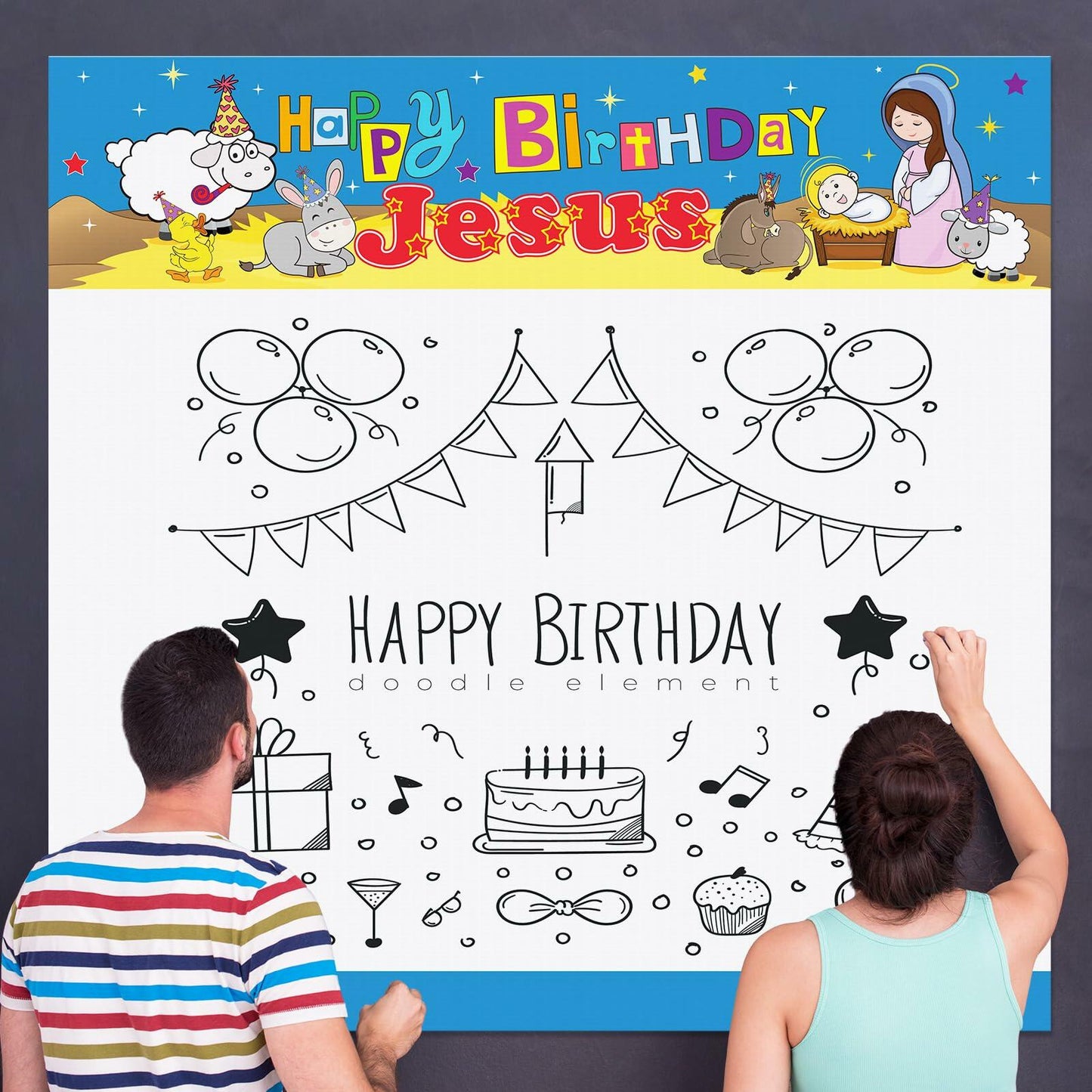 Outus Happy Birthday Jesus Banner Backdrop Christmas Nativity 6x6 ft