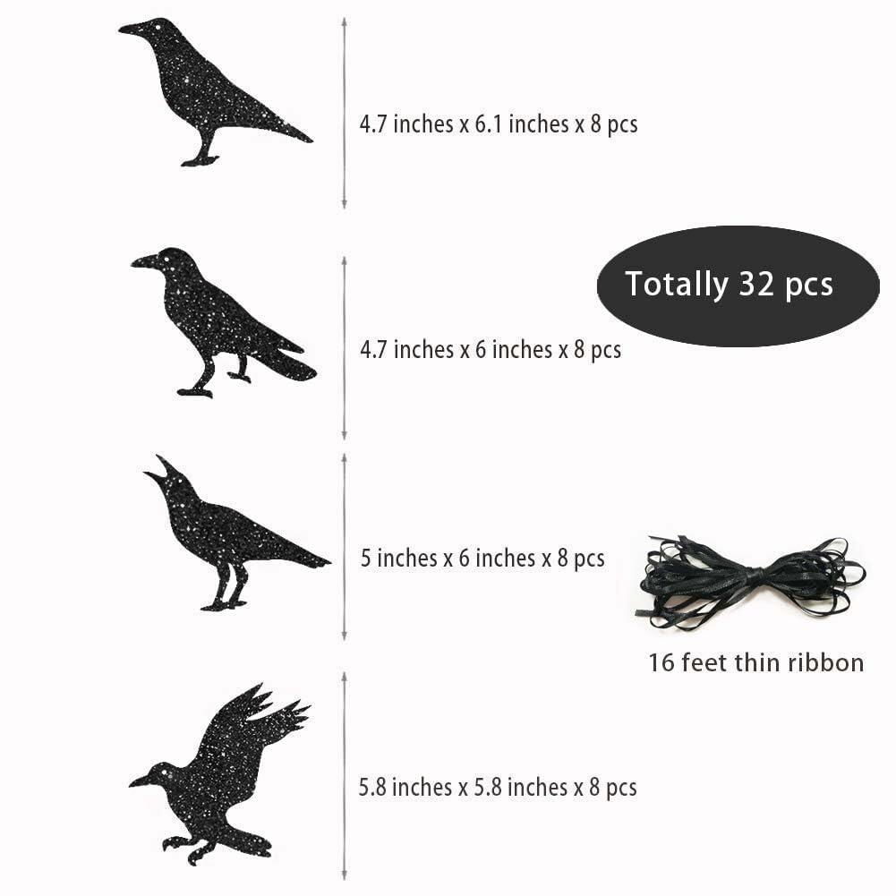 Cheerland Glitter Black Crow Halloween Decoration Banner Garland Black