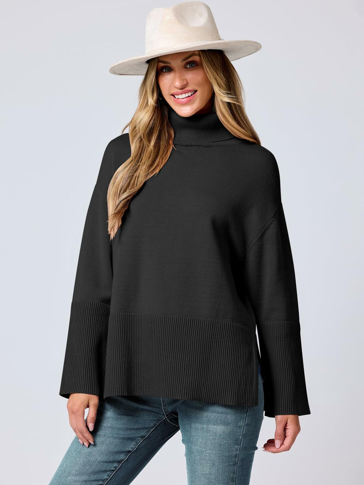 ANRABESS Womens Oversized Turtleneck Knit Pullover Sweater Black Size S