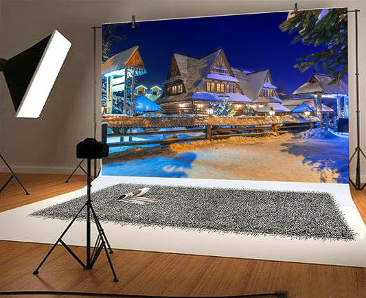 Snow Village Backdrop Xmas Pine Trees Night Scenery Banner 8x6ft