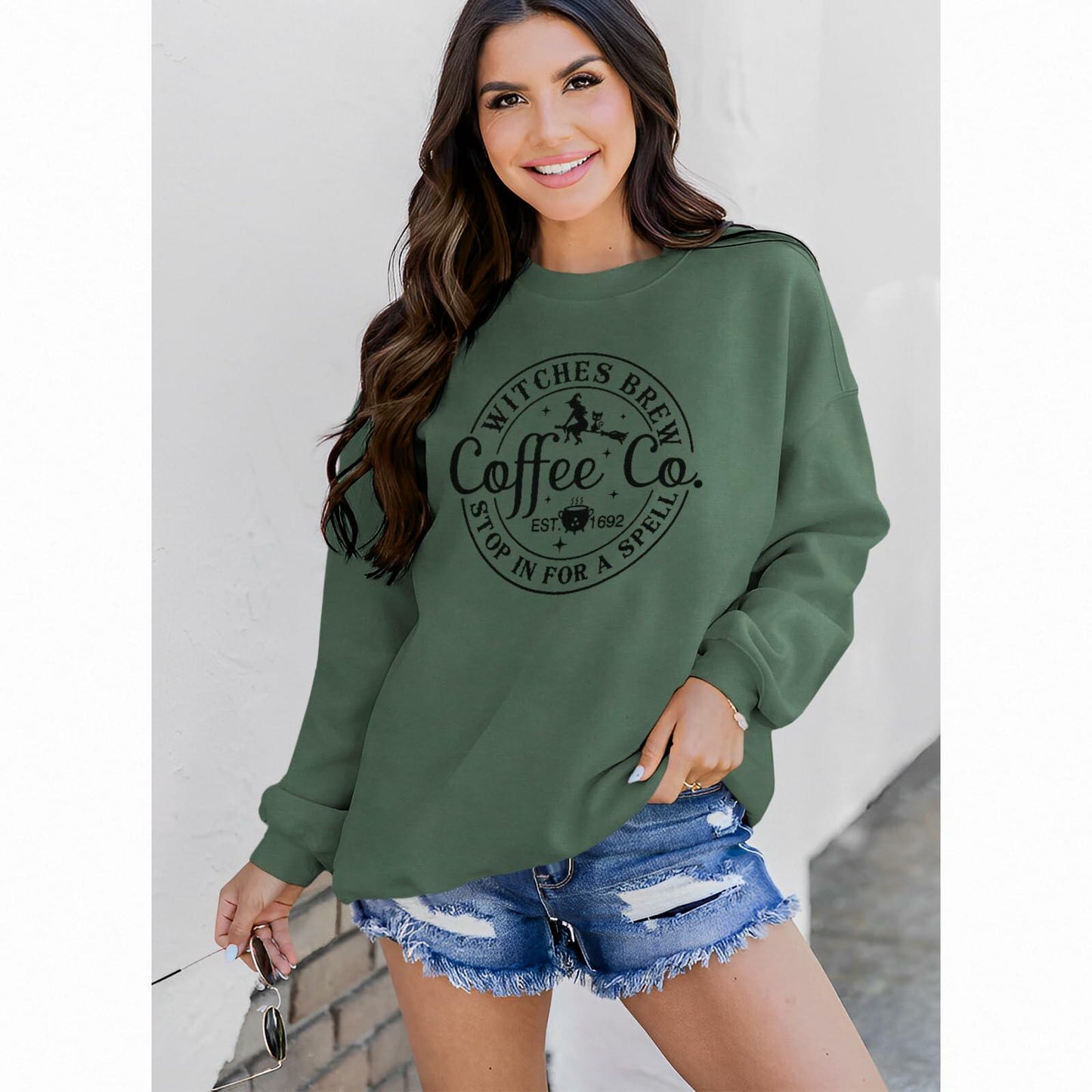 IZYJOY Witches Brew Coffee Oversized Sweatshirt Women Green Size Small