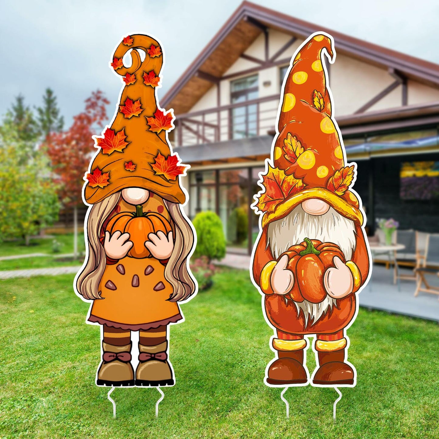 2 Pcs Thanksgiving Yard Sign Gnome Outdoor Fall Lawn Decor 47x16.5 Inch