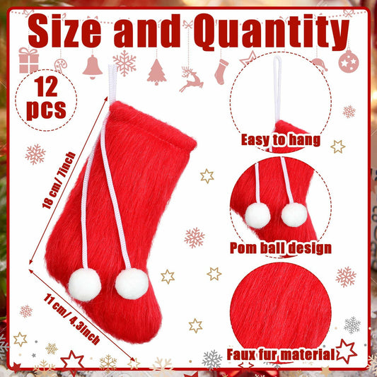 Shinymoon 12 Pcs 7" Faux Fur Christmas Stockings Red Small Furry Xmas Decor