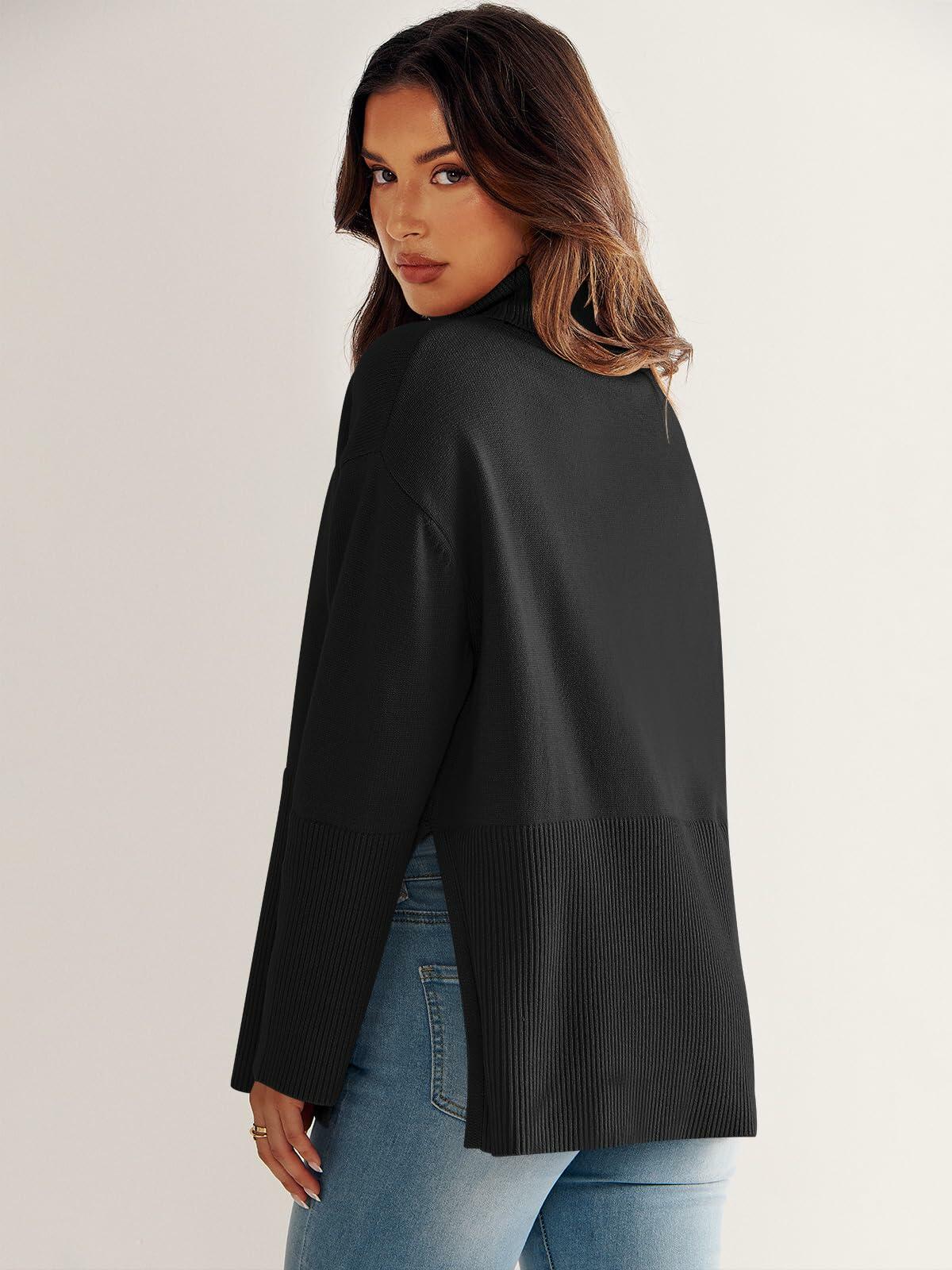 ANRABESS Womens Oversized Turtleneck Knit Pullover Sweater Black Size S