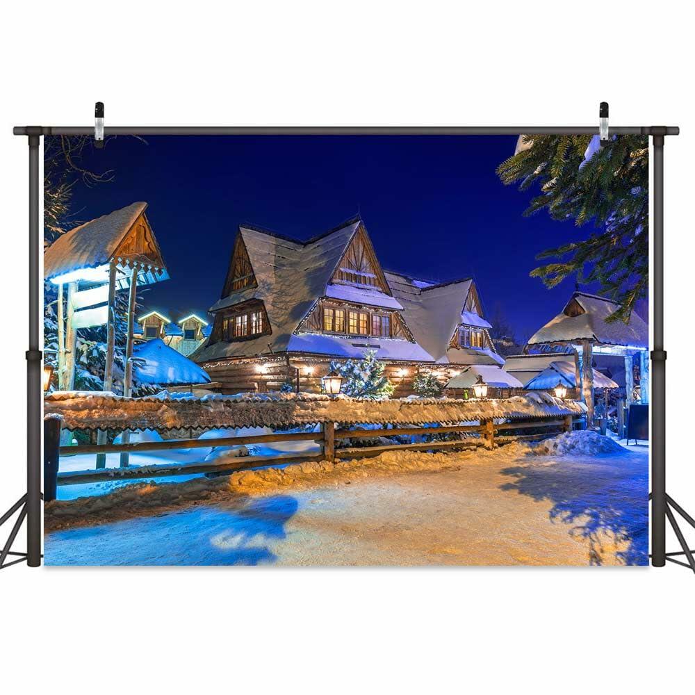Snow Village Backdrop Xmas Pine Trees Night Scenery Banner 8x6ft