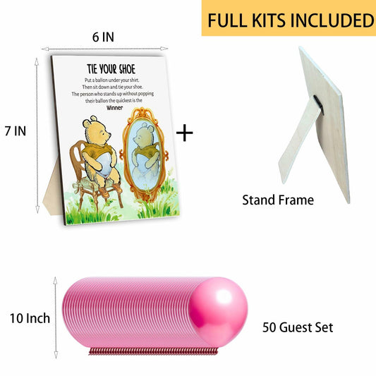 Tie Your Shoe Baby Shower Game Winnie Bear Wood Frame Pink Balloon 50 Pcs