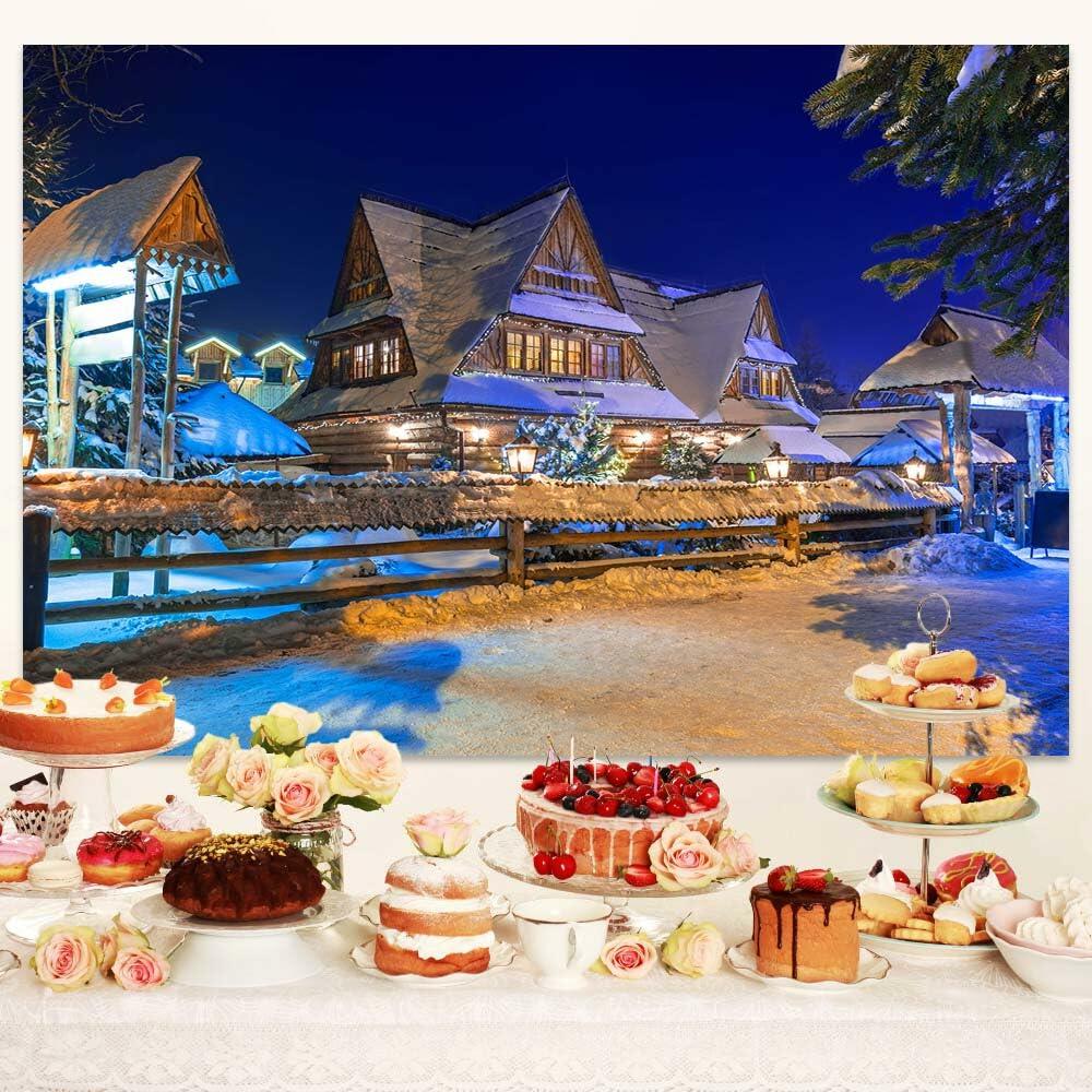 Snow Village Backdrop Xmas Pine Trees Night Scenery Banner 8x6ft