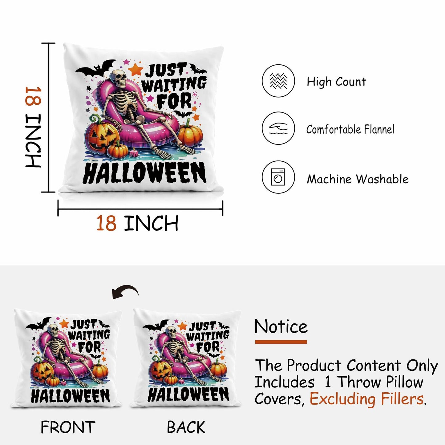 Nogrit Halloween Pumpkin Skeleton Pillow Covers 18x18 Orange 2 Pack