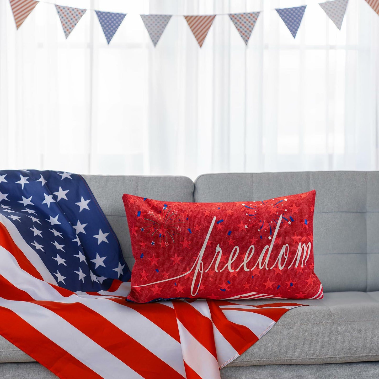 Freedom Patriotic 4th of July USA Stripes Pillow Cover 20x12