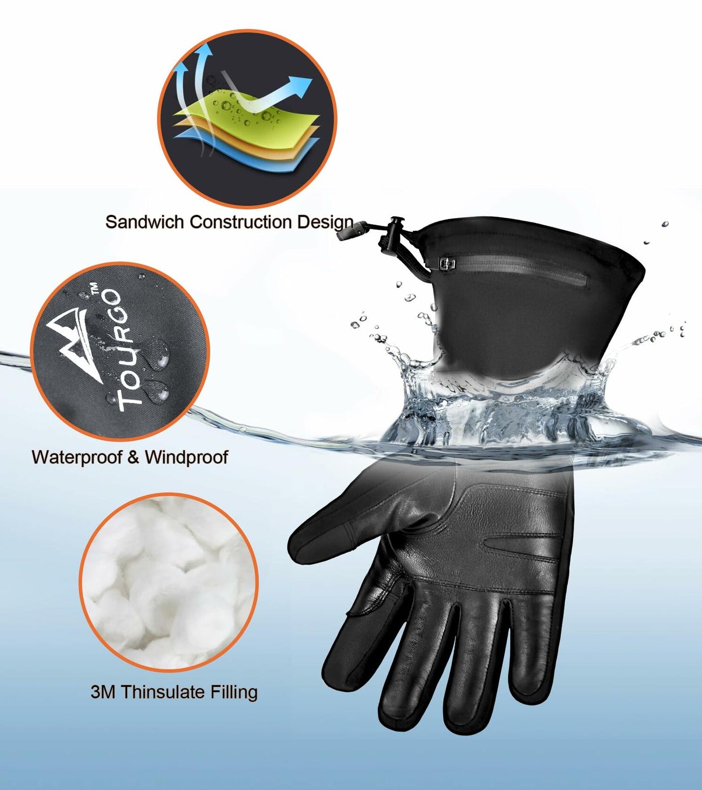 TOURGO Heated Leather Gloves Black Size S