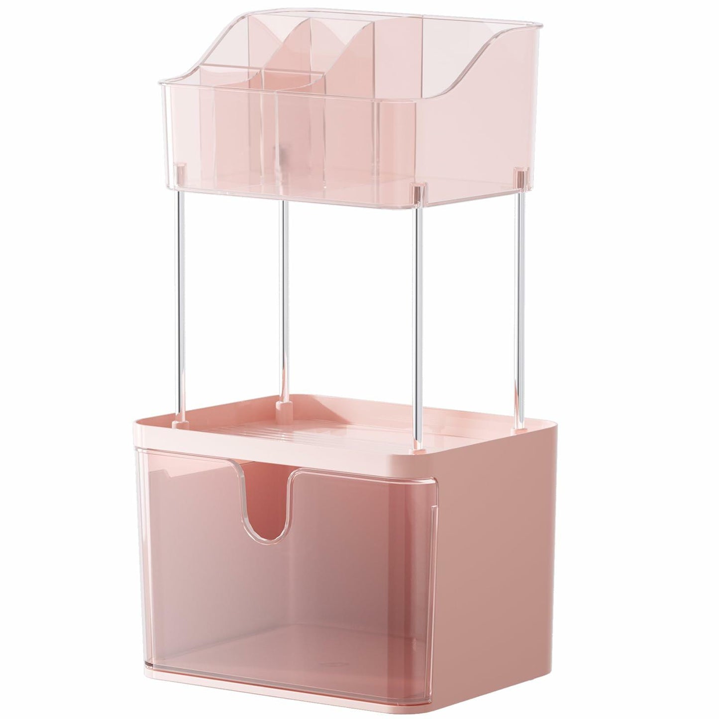 Delamu 3-Tier Makeup Organizer with Drawers & 6-Grid Top Pink Vanity Storage