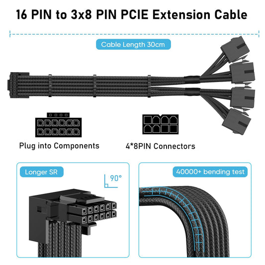 SYBECHATF RTX 4090 16Pin to 4x8Pin PCI-E 5.0 Sleeved Cable 14in Black