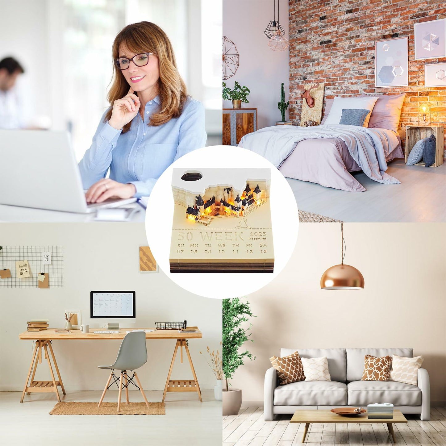 Time Piece 2025 Desk Calendar 3D Carving LED Light Castle Desktop