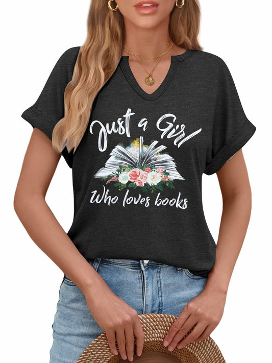 Women Book Lovers Graphic Tee V Neck Short Sleeve Dark Gray - Size M